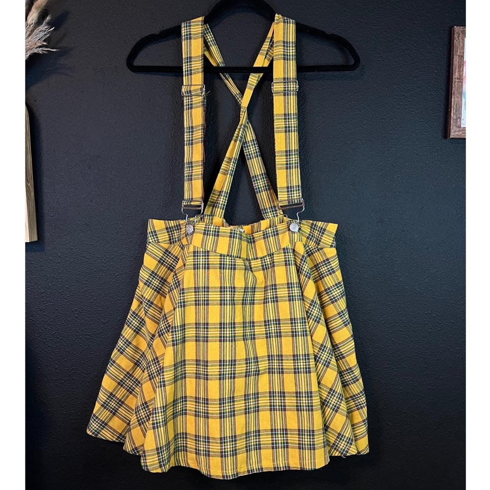 Yellow Plaid Suspender‎ Skirt Womens Preppy Schoolgirl Clueless Style Mini